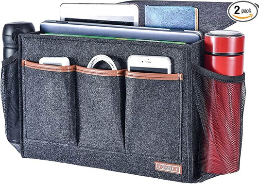 Bedside Caddy, Large Size Storage Organizer with 8 Pockets - Holds Magazines, Remotes, Phone (13.4'' x 18.1'', Dark Grey)-NeatNest