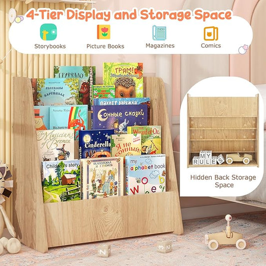 Costzon 4-Tier Kids Bookshelf, Front Facing Children Bookcase with Deep Compartments, Magazine Storage Rack for Kids Bedroom, Playroom, Nursery, Classroom, Kindergarten (Natural)-NeatNest