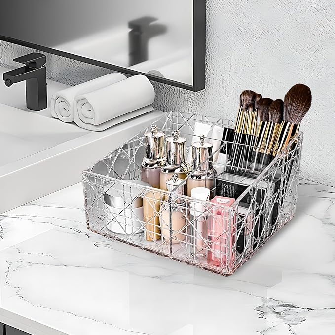 Acrylic Makeup Organizer, Clear Cosmetic Brush Storage Box With 4 Brush Holders,Large-capacity Split Design Can Quickly Organize the Desktop Skincare, Hair Tools, Brushes,Perfume-NeatNest