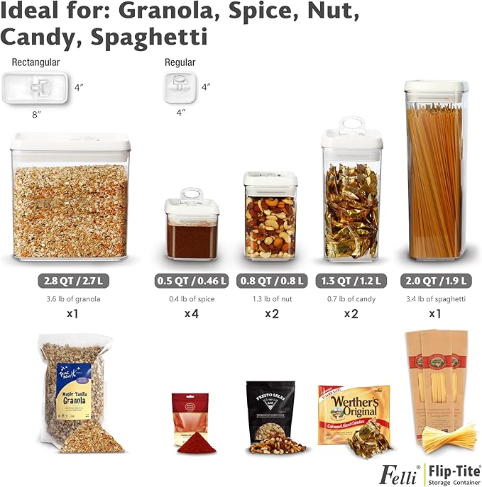 Felli Flip Tite Storage Container with 4 Inch Lid SQUARE & RECTANGLE, Air Tight Ring Seal Top Clear Acrylic Canister Jar, Spice Pasta Cereal Snack Pantry Organizer, Gift Set for Women (10pk, Variety)-NeatNest