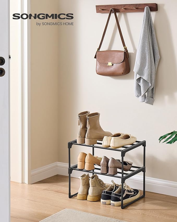 SONGMICS Shoe Rack, 2-Tier Shoe Organizer, Metal Storage Shelf, Upright or Upside Down, for 3-6 Pairs, Stackable, for Entryway, 11.8 x 16.7 x 14.8 Inches, Black ULSA002B01-NeatNest