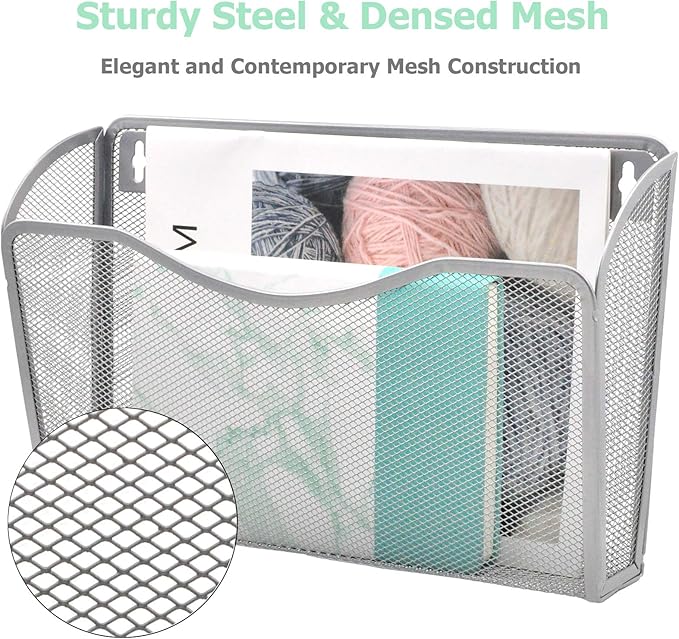 EASEPRES 6 Single Pocket Mesh Hanging File Organizer, Vertical Wall Mounted Magazine File Holder, Mount Basket Mail Paper Document Folder Organizing for Office, Home and School, Silver