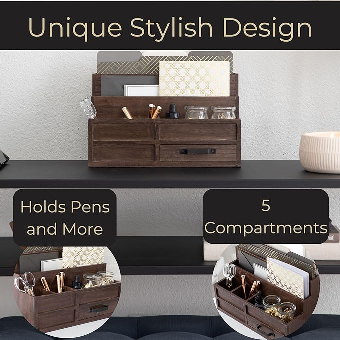 BLU MONACO Brown Wood Mail Organizer with Drawer & Pen Holder – Desk Organizer for Bills, Storage, Countertop & Kitchen-NeatNest