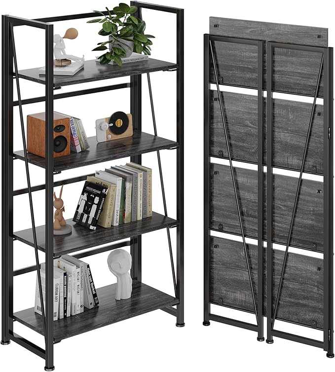 BHG Vintage Multifunctional Folding Bookshelf, No-Assembly Plant Stand Storage Rack Shelves for Home Office (Gray, 4-Tier)-NeatNest