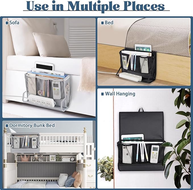 Bedside Caddy Bedside Storage Organizer Bedside Organizer with Power Strip Holder and 2 Adjustable Straps for Home Bunk Bed College Dorm Sofa (2 Pack Black)-NeatNest