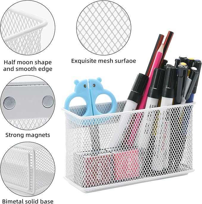 dedoot Magnetic Pencil Holder for refrigerator Storage Magnetic Basket Mesh White Strong Magnetic Pen Holder for Refrigerator,Whiteboard, Locker, Home and Office Organizer, 6.3x2.3x3.6inch-NeatNest