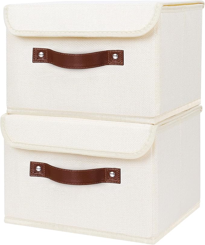 ANMINY 2PCS Storage Bins with Lid PU Leather Handles Storage Boxes PP Plastic Board Decorative Foldable Lidded Cotton Linen Fabric Home Cubes Baskets Closet Organizer Containers - Beige, Small Size-NeatNest