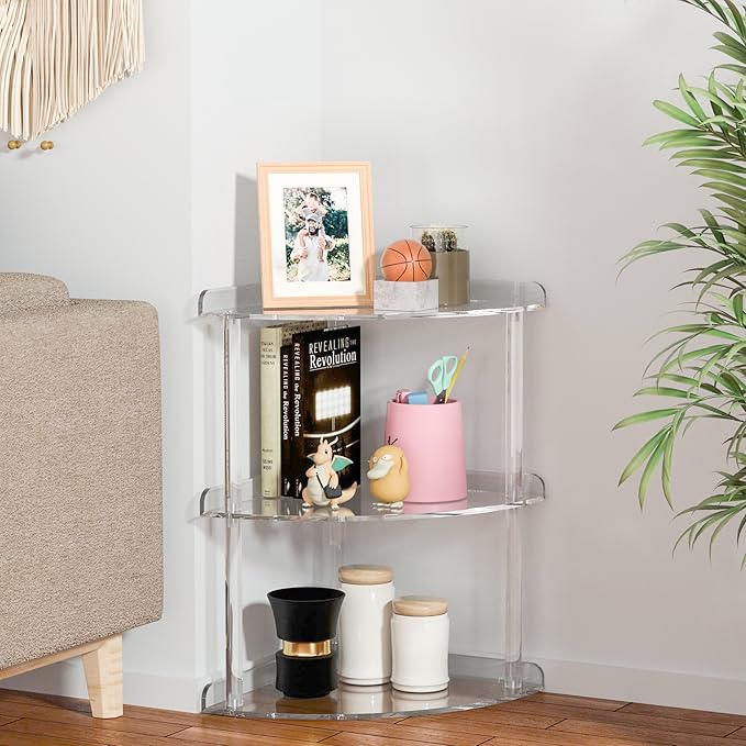 3 Tier Acrylic Corner Shelf Organizer Storage 9.5x9.5x15.7 Inch, Transparent Countertop Corner Shelf for Bathroom, Kitchen, Bedroom, Office, Study Room-NeatNest