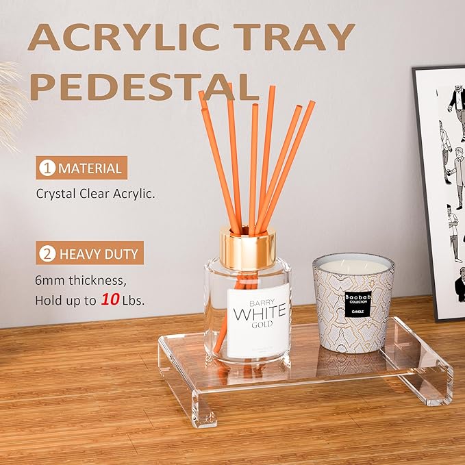 Acrylic Tray Pedestal Stand Bathroom Décor, Crystal Clear Display Risers Kitchen, Soap Dish Holder for Counter, Sink, Vanity, Stain Resistance, 10'' x 5.9''