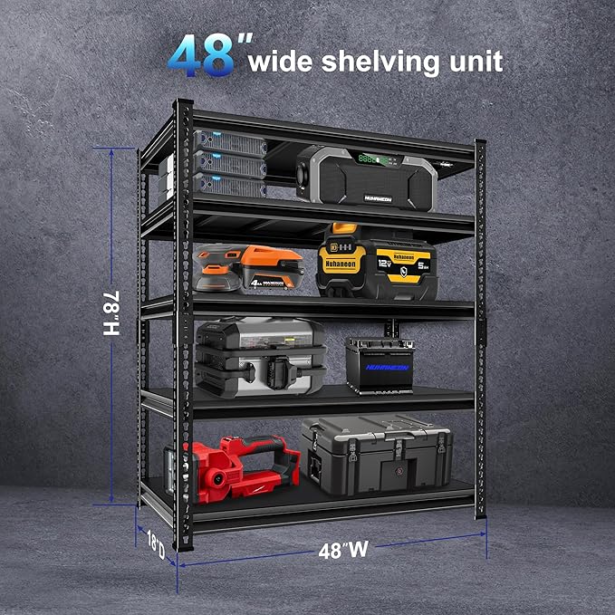 Adjustable Garage Storage Shelves, 48''W Garage Shelving Heavy Duty Loads 2500LBS, Metal Industrial Utility Shelf for Warehouse, Kitchen, Laundry Room,48" W x 18" D x 78" H,Black