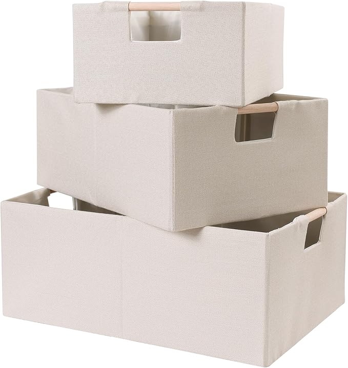 ANMINY 2PCS Storage Baskets for Organizing Collapsible Fabric Storage Bins Boxes with Wood Handles Closet Shelves Cube Organizer Bins Clothes Laundry Storage Container - Medium, Beige-NeatNest