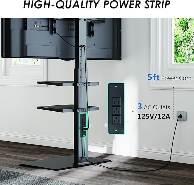 FITUEYES Floor TV Stand for 32-75 inch TV with Power Outlet, Tall TV Mount for Bedroom Living Room with Tempered Glass Base, TV Stand with Mount Holds Up to 88lbs MAX VESA 600x400mm,Black-NeatNest