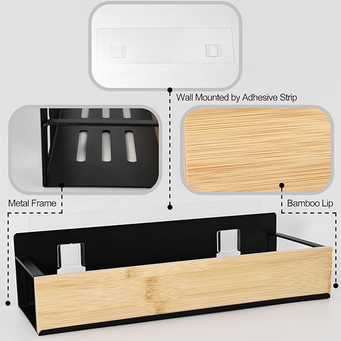 Bathroom Shelves,Wall Mounted Floating Shelf,Over Toilet Storage Shelf,Metal Bamboo Wall Shelves,Home Storage Organizer Essentials for Bathroom/Living Room/Kitchen/Bedroom(Black)