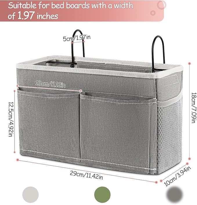 Bedside Caddy Hanging Storage with Water Bottle Holder for Bunk Bed, Hospital Bed, Dorm Rooms (Grey)-NeatNest