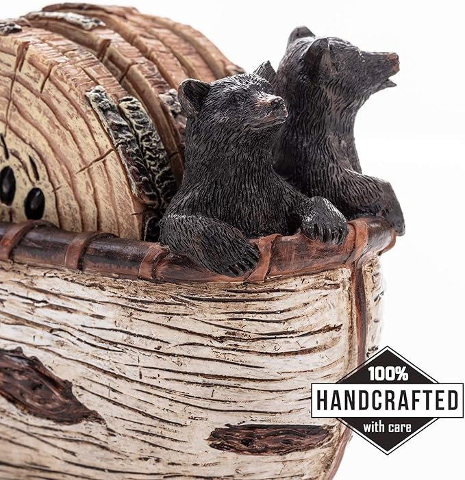 Bear Coasters Set of 6 Full Size Rustic Coasters in Handmade Canoe with Adorable Black Bear Figurines | Black Bear Log Cabin Decorations, Rustic Lodge Decor for The Home-NeatNest