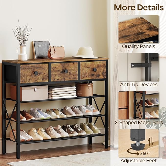 4-Tier Shoe Rack with 3 Drawers, Metal Shoe Organizer for 15 Pairs with Storage Shelves and Wooden Top, for Entryway, Hallway, Foyer, Closet, Rustic Brown and Black SS34BR-NeatNest