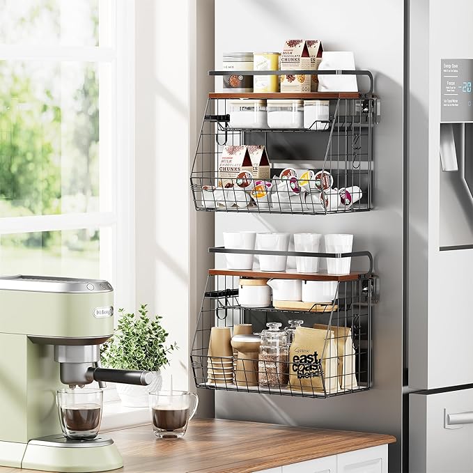 Delamu Magnetic Shelf for Fridge with Wood Lid, 3 Tier Pull Out Fridge Magnet Organizer, Magnetic Spice Rack for Refrigerator, Cabinet, Kitchen Counter, Laundry (2 Pack)-NeatNest