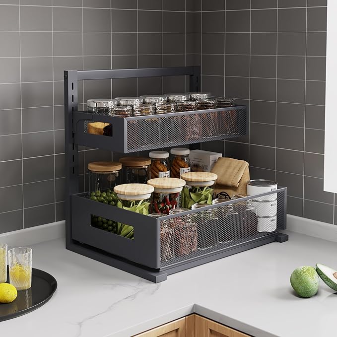 Under Sink Organizer Pull Out Cabinet Organizer Adjustable Height 2 Tier with Sliding Drawers Kitchen Bathroom Organizer and Storage(Gray-1pc)-NeatNest