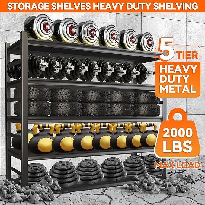 Adjustable Heavy Duty Metal Garage Shelving Unit with Fence, 5-Tier Storage Rack for Garage, Basement, or Warehouse, Durable Steel Shelves for Tools & Equipment, 63" H x 32" W x 16" D, Black-NeatNest