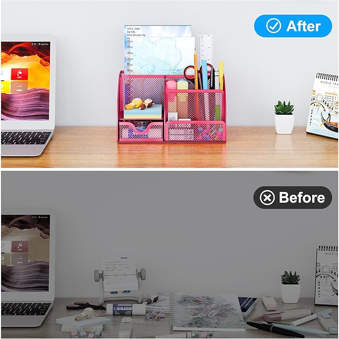 EasyPAG Mesh Desk Organizer, Multi-functional Stationery Organizer for School Supplies, Office Pen Holder for Desk, 6 Compartments Dorm Organization with Drawer, Pink