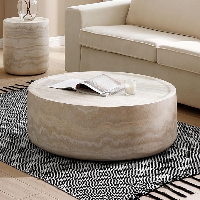 Marble Coffee Table, Modern Round Coffee Table, Circle Drum Coffee Tables, Fiberglass Center End Table for Living Room Apartment Office, No Assembly (35.43" Faux Marble)