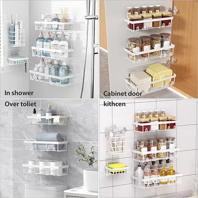 10 Pack Shower Caddy Organizer Rack Shelf for Inside Shower, Self Adhesive Wall Storage Basket Rustproof Stainless Steel Shampoo Holder Bathroom Accessory Decor Set, White-NeatNest