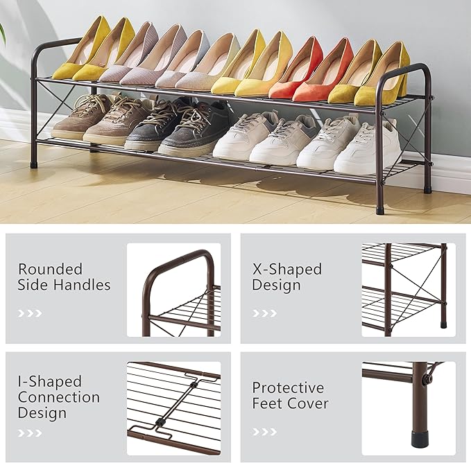Hoctieon 2 Tier Shoe Rack for Closet, Durable Mesh Style Shoe Rack, Entryway Shoe Shelf, Shoe Storage Organizer for Hallway, Bedroom, Living Room, Wardrobe, Brown-NeatNest