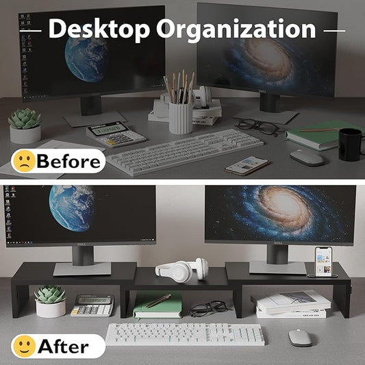 BONTEC Dual Monitor Stand for Desk, Adjustable Length and Angle Monitor Stand Riser with Smartphone Holder, Desk Shelf for Top of Desk, Computer Monitor Stand with Storage, Office Desk Organizer, Black-NeatNest