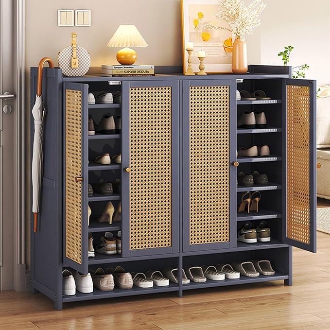Bamboo Shoe Cabinet, 8-Tier Shoe Storage Cabinet with Doors, Freestanding Bamboo Shoe Rack Organizer with Shelves for Entryway, Hallway, Closet, Living Room (Grey)