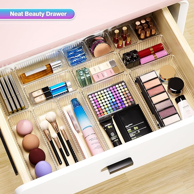 15 PCS Clear Plastic Drawer Organizer Set - 4 Sizes Makeup Organizer Desk Drawer Divider Bathroom Organizers and Storage Bins for Makeup, Jewelry, Gadgets, Office, Kitchen, Bedroom, Bathroom-NeatNest