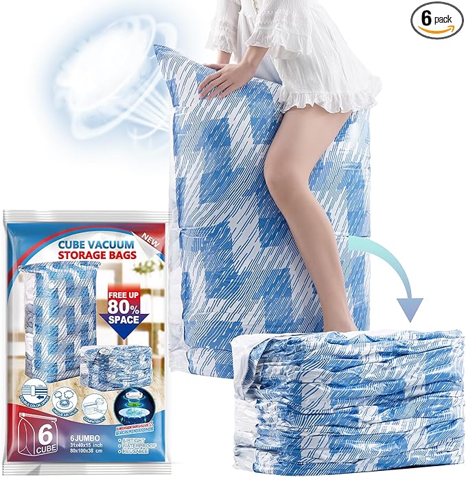 TAILI 6 Pack Vacuum Storage Bags, Jumbo Cube (31x40x15 Inch), Large Vacuum Seal Bag for Clothes, Comforters, Blankets, Bedding, Sweater, Closet Storage and Organization, Blue Coastline