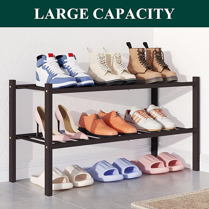 Smiry Bamboo Shoe Rack for Closet, 2 Tier Wooden Stackable Shoe Organizer, Free Standing Shoes Storage Shelf for Entryway, Front Door Entrance, Brown-NeatNest