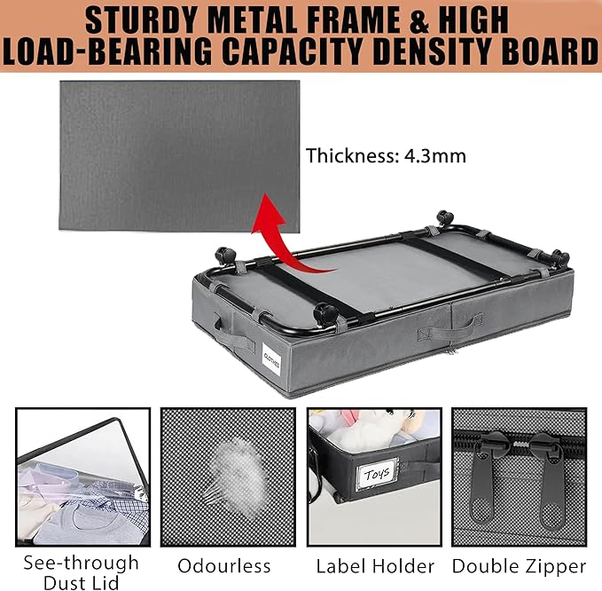 2 Pack Under Bed Storage Rolling Metal Frame Underbed Containers with Wheels Lid Visiable Window Storage Bag Box Organizer Home Closet Organization Drawer Bins for Clothes Shoes Toys Blanketss Grey-NeatNest