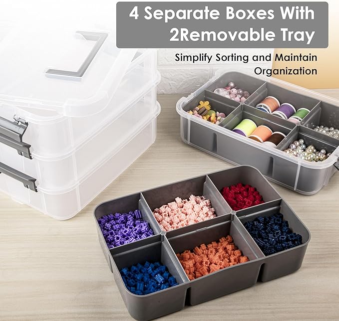 Grey&White Modern Plastic Storage Box - 4-Layer Durable Craft Storage Containers with 2 Removable Trays for Arts & Crafts Supplies, Sewing, Office, Seasonal Decor