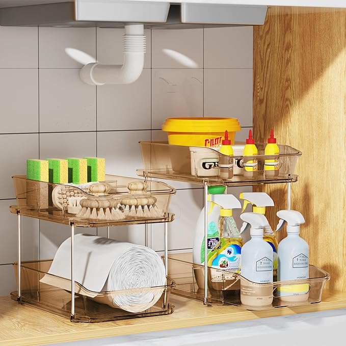Delamu 2 Sets of 2-Tier Clear Under Sink Organizers and Storage, Multi-Purpose Stackable Bathroom Cabinet Organizers, Amber-NeatNest