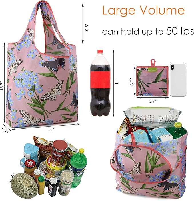 BeeGreen Reusable Gift Bags Floral Reusable Grocery Bags - Large Capacity 6 Pack Bulk Foldable Tote Bag - Recycled Ripstop Polyester Machine Washable Bags With Handles for Women Shopping-NeatNest