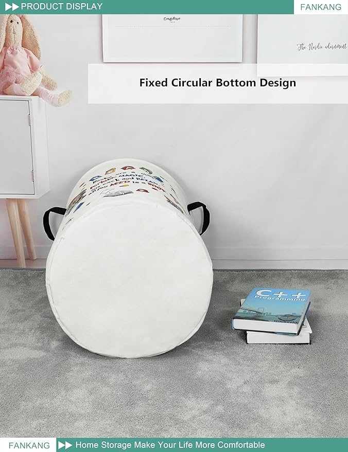 FANKANG Storage Basket, Nursery Hamper Canvas Laundry Basket Foldable with Waterproof PE Coating Large Storage Baskets for Kids Boys and Girls, Office, Bedroom, Clothes,Toys(Reading)