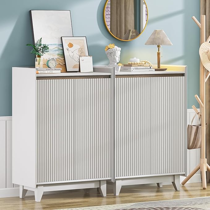 White Fluted Shoe Cabinet with Adjustable Shelves, Shoe Cabinet Storage for Entryway Hallway Living Room Bedroom, Shoe Rack Cabinet with 2 Doors 2PC, White & Walnut 43.7” H-NeatNest
