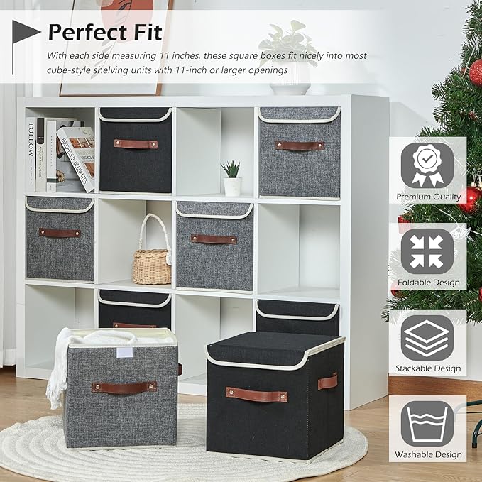 2PCS Storage Cubes with Lid Fabric Storage Bins Boxes PU Leather Handles Cotton Linen Closet Organizer Container Decorative Foldable Washable Shelf Cloth Basket (Flip-top Lid, Black, 11in)-NeatNest