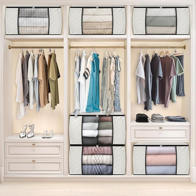 Fab totes 10 Pack Clothes Storage, Foldable Thick Fabric Blanket Storage Bags, Containers for Organizing Bedroom, Closet, Clothing, Comforter,Organization with Handle,Ivory White-NeatNest