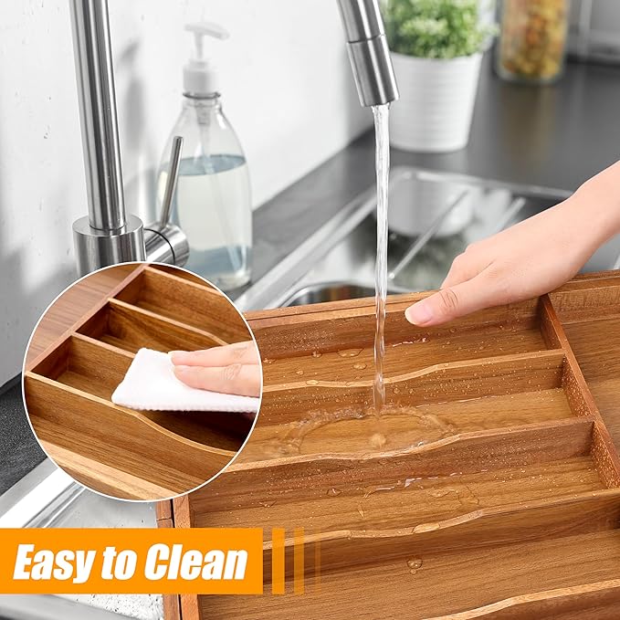 Bellsal Large Premium Acacia Wood Silverware Organizer - Expandable Utensil Drawer Organizer - 17"x19.6" Utensil Holder and Cutlery Tray with Grooved for Kitchen Flatware Utensils(7-9 Slot, Acacia)-NeatNest