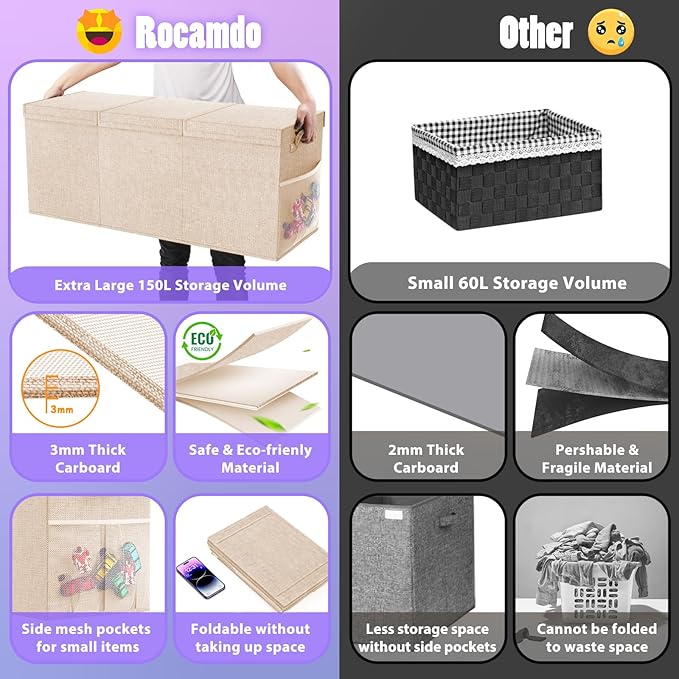 Extra Large Toy Storage Box with Lid Divider, Sturdy Collapsible Toys Organizer Chest Kids Storage Bins Boxes Baskets for Boys, Girls, Nursery, Bedroom, Living Room, Playroom, 40"x14"x16", Beige