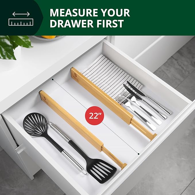 Drawer Divider and Organizer for Kitchen Organization - Adjustable Bamboo Drawer Dividers Organizers (17 - 22") - 4-Pack Expandable Drawer Organization Separators for Kitchen, Bedroom & More, Natural-NeatNest