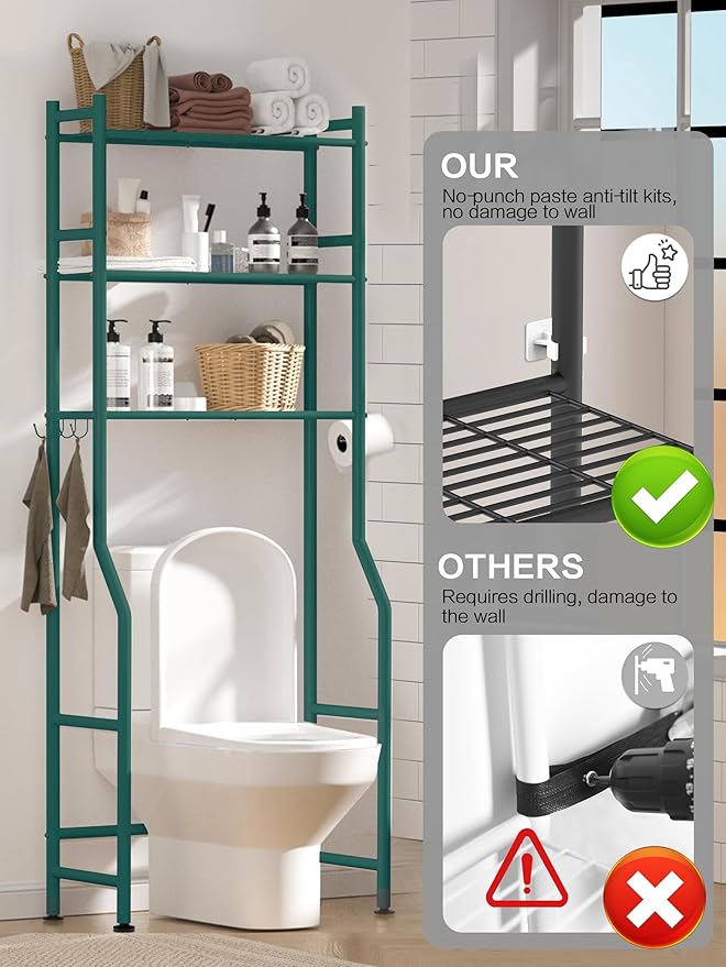 3 Tier Over The Toilet Storage Rack with 2 Basket, Metal Freestanding Bathroom Shelves Toilet with Paper Holder and 4 Hooks, Over Toilet Storage Shelf for Bathroom Storage, Green-NeatNest