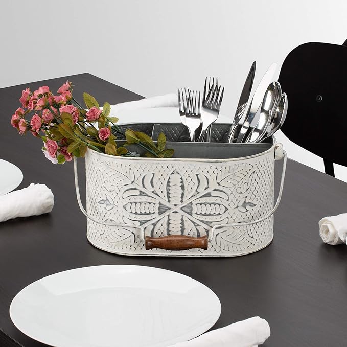 CRAFTSMAN ROAD Distressed White Metal Caddy – Farmhouse Galvanized Kitchen Organizer with Handle – Vintage Rustic Multi-Compartment Holder for Napkins, Plates, Cutlery, Flatware, Cleaning Supplies-NeatNest