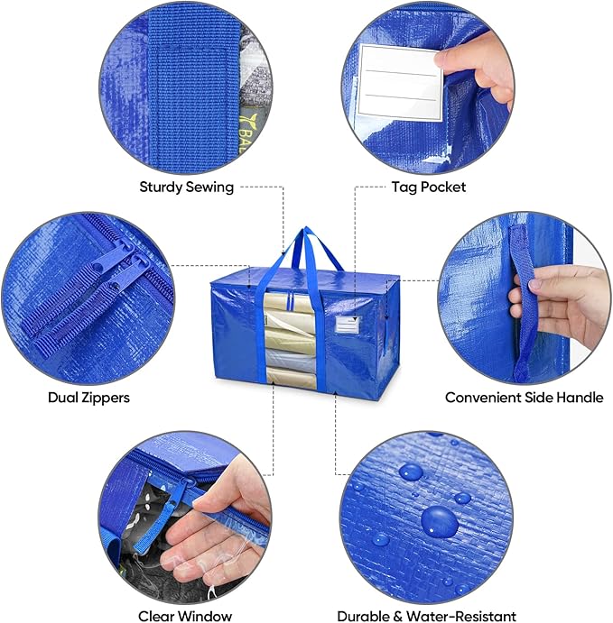 BALEINE 2-Pack Oversized Moving Bags with Reinforced Handles, Heavy-Duty Storage Tote Moving Supplies for Packaging, Camping (Blue w/Window, 2-Pack)-NeatNest