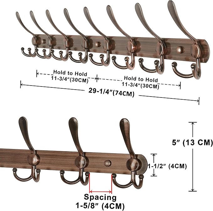 Dseap Coat Rack Wall Mount - 29.5” Long 8-Tri-Hooks Heavy Duty Coat Hanger Rail Wall Hooks for Hanging Coats Hats Clothing Clothes Purse Mudroom Entryway, Red Antique Copper-NeatNest