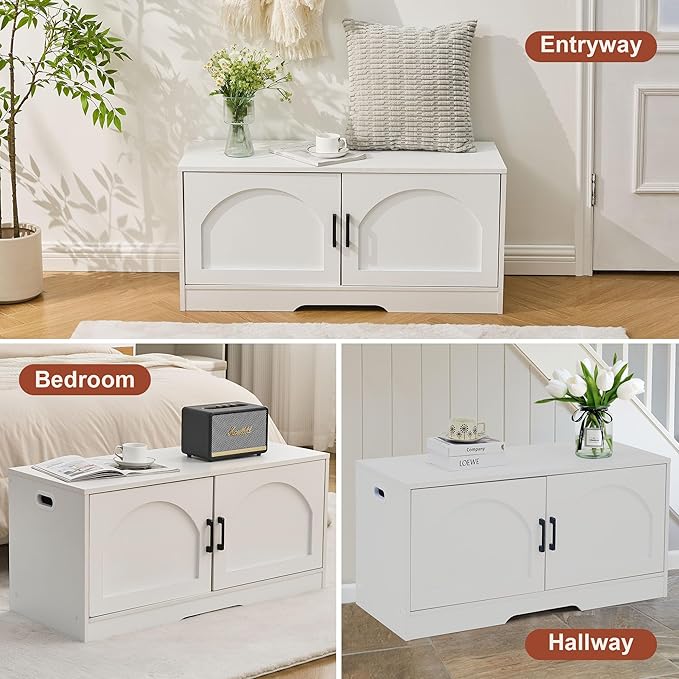 Shoe Bench, Entryway Storage Bench with 2 Doors, Shoe Rack Adjustable Shelves, Shoe Cabinet with Storage, 31.5" W x 13.8" D x 18.1" H for Entryway, Living Room, Hallway, Mudroom, Bedroom, White