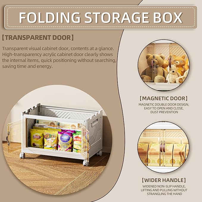 84 QT / 21 Gal Magnetic Door Storage Bins Collapsible Stackable w/1 Lid, Heavy Duty Plastic Cabinet with Wheels for Home Office Organization (White)-NeatNest