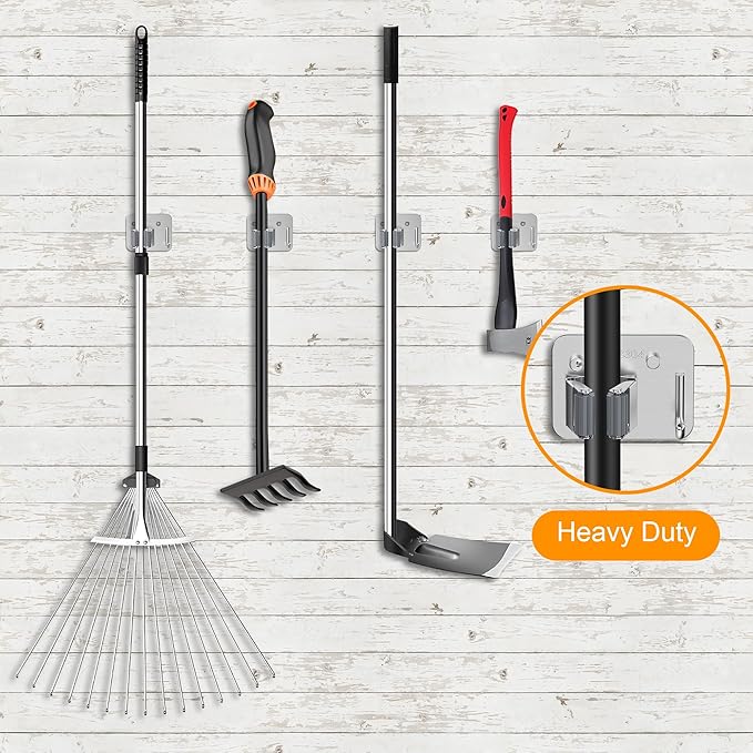 4 Pack Stainless Steel Mop and Broom Holder Wall Mount with Hook, Screw Drilling Mop and Broom Hanger, Single Heavy Duty Storage Rack for Laundry Garage Closet Garden Tool Organizer, Silver-NeatNest